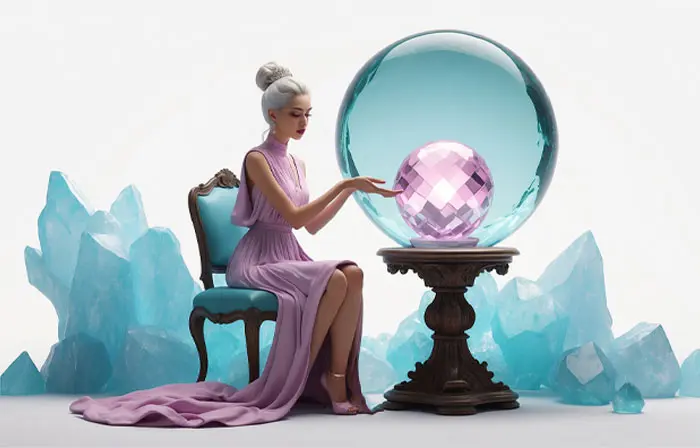 Female Astrologer with Crystal Ball Top 3d Design Art Style Illustration